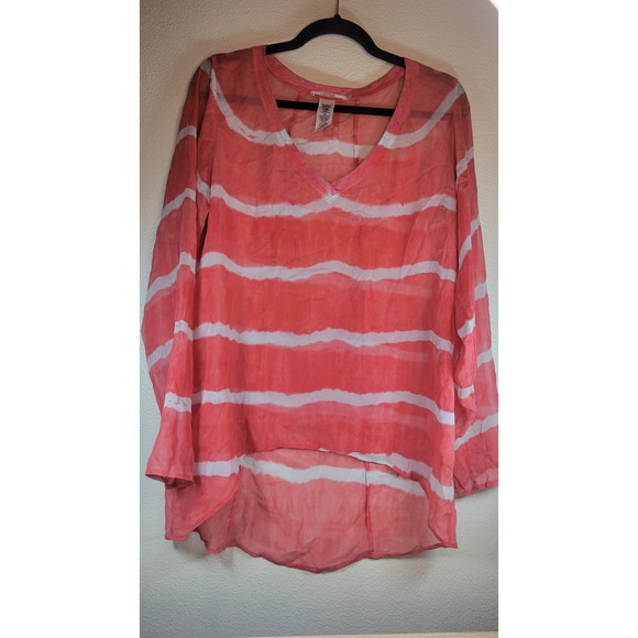 Language Tops - Language Silk‎ Sheer V-Neck Long Sleeve Blouse Coral Stripe Size M